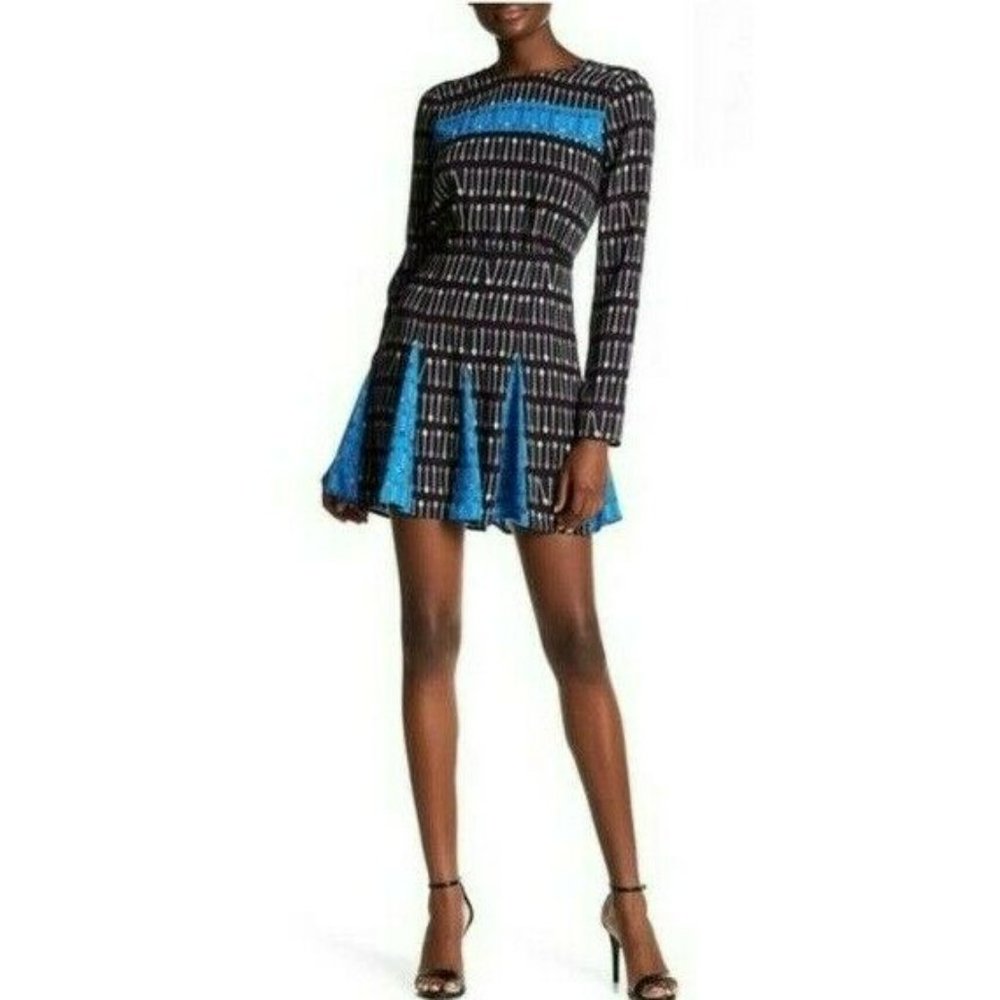 BCBGMaxAzria Black and Blue Long-Sleeve Mini Dress